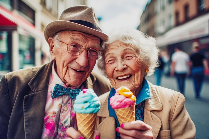 Two older adults eating ice cream and smiling