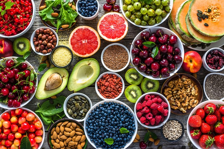 Photo of a colorful array of fruits, vegetables and nuts