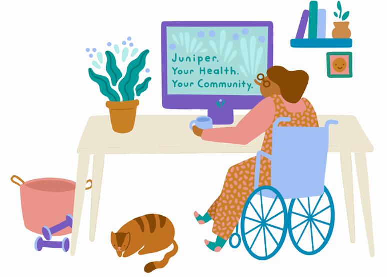 illustration of a women in a wheel chair in front of a computer participating in a social connect class