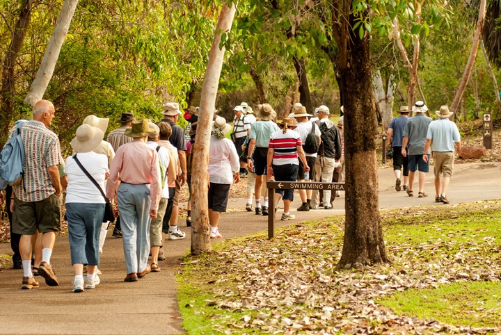 Older adults walking outside in a park