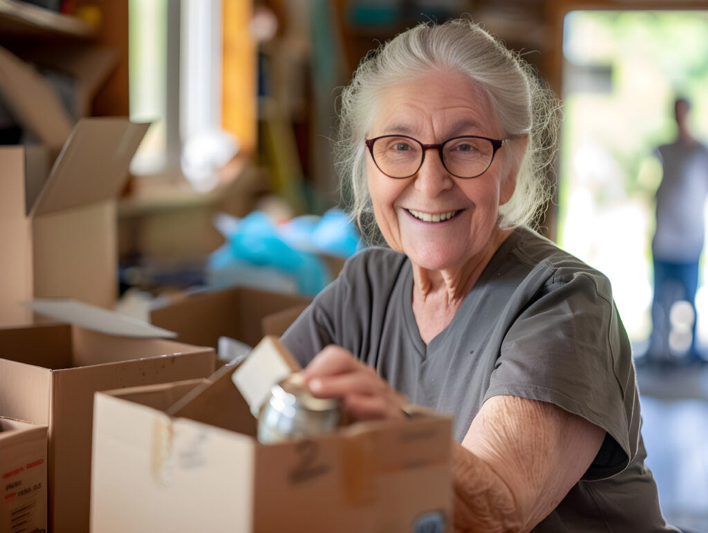 Photo of an older adult packing a box.