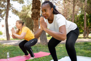 Two people practicing yoga outside.
